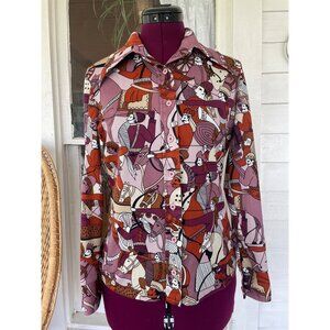 Vintage 1970s Womens Blouse Abstract Medieval People Horses